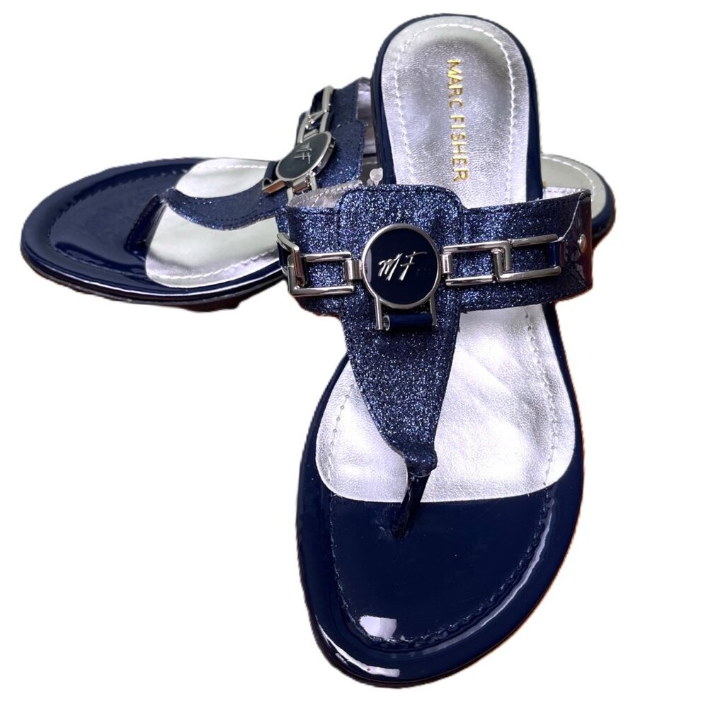 Women's Marc Fisher Silver, Blue  & Black Thong low wedge sandals size 7.5M NWOT